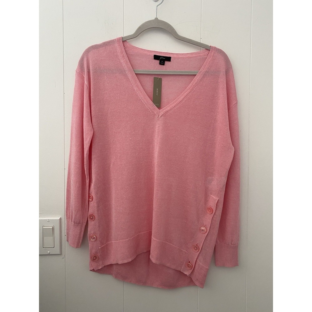 J.Crew V-neck Sweater Side Buttons in Linen Blend Size Medium Light Pink NEW